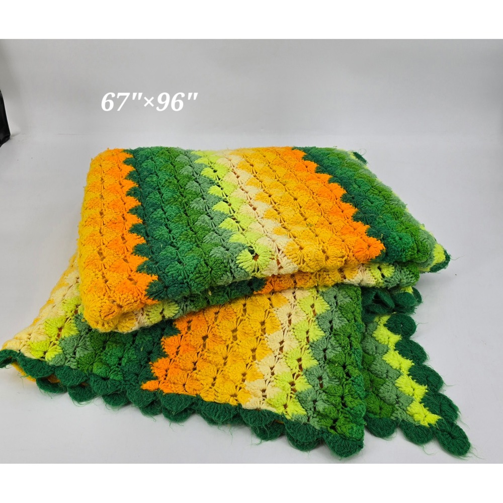 Vintage 70s Handmade Crochet Afghan Blanket Green Orange Yellow Groovy 67x96